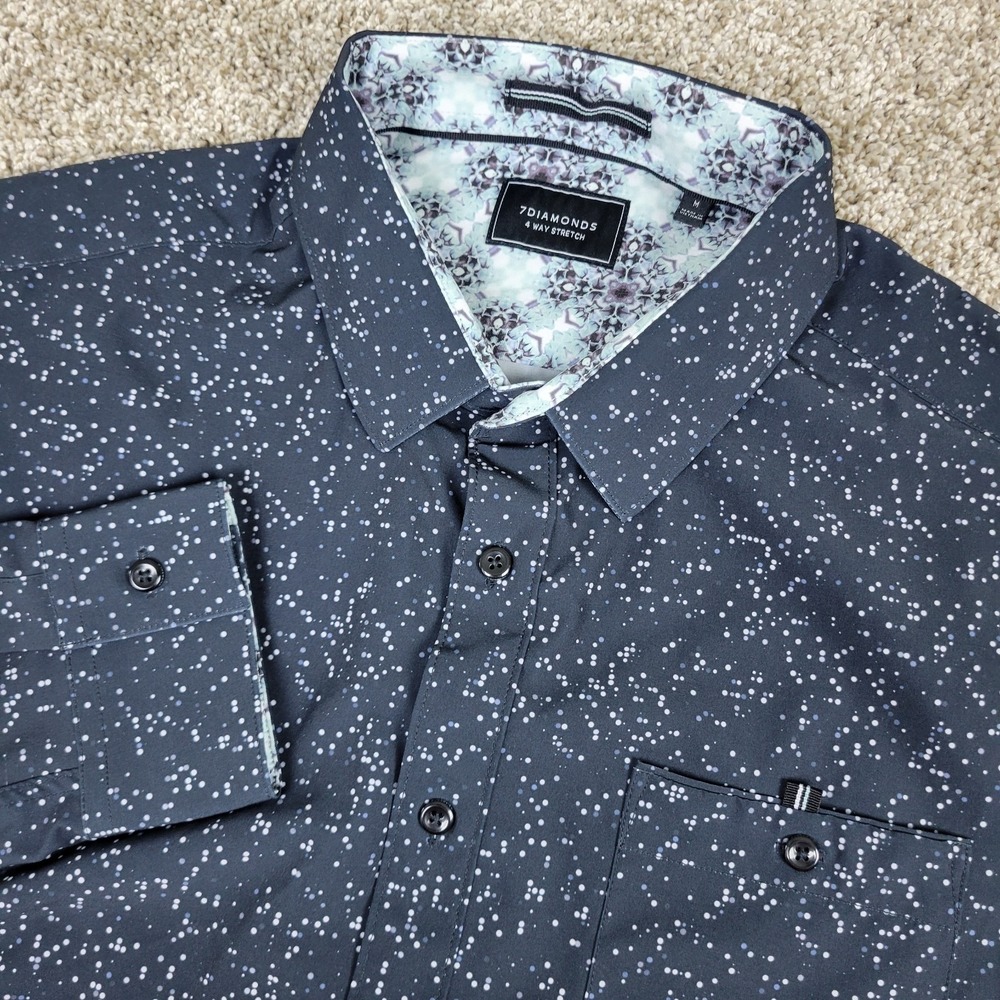 7 Diamonds 4 Way Stretch Mens Medium Black AOP Space Button Up Long Sleeve